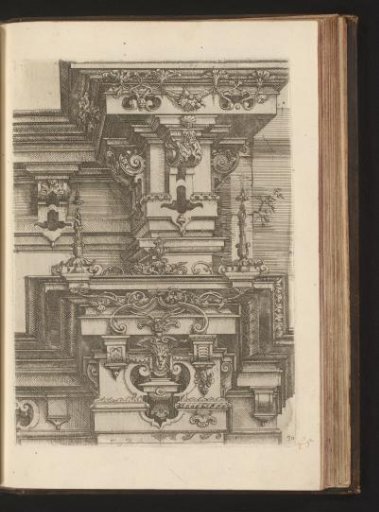 Two Composite entablatures with two crowns, decorated with leafy vines, volutes, and a mascaron