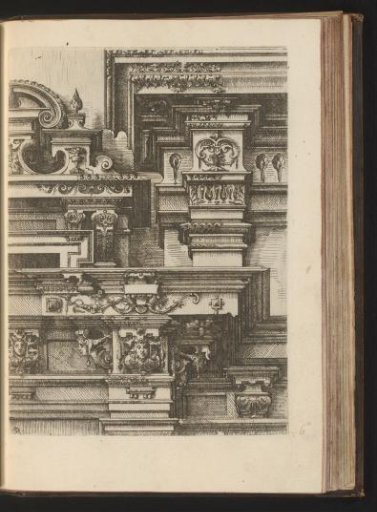 Three Composite entablatures with two crowns, decorated with leafy vines, volutes, and a mascaron