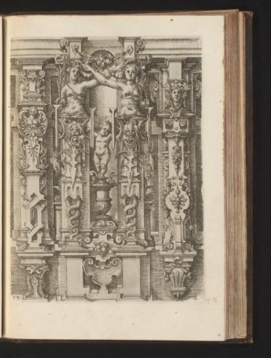 Two Composite pilasters, two female herms, and a vase with a child on top