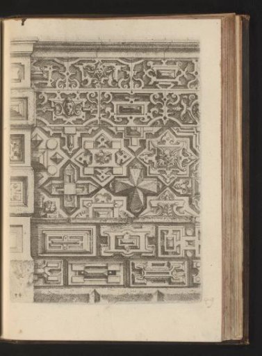 Five friezes decorated with scrollwork, cartouches, and mascarons, geometric patterns, and relief