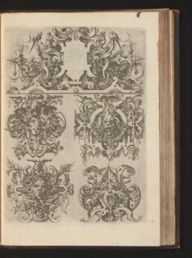Four cartouches in a frame of scrollwork with grotesques, and the upper cartouche surrounded by scrollwork, birds, and mascarons