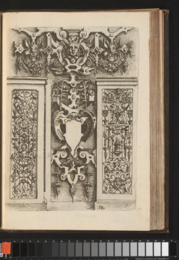 Trophy of scrollwork with cartouches, mascarons, and flat decorations with grotesques