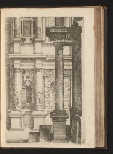 Jointed wall in the Composite order with decoration of rustica and lion heads, and a projection with a column
