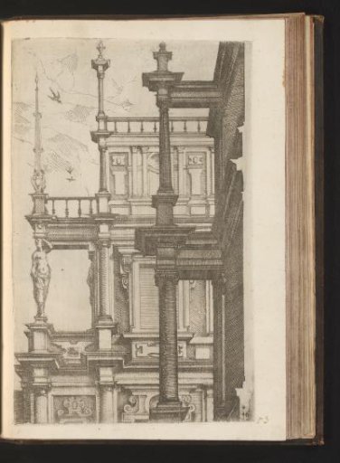 Upper two stories of a jointed wall in the Composite order decorated with niches, below which pilasters in the Ionic order with a caryatid and scrollwork