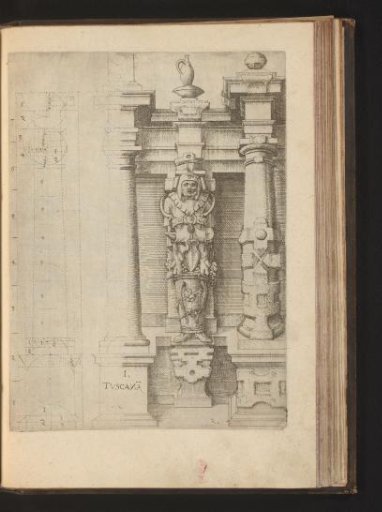 Proportions of the Tuscan column order with an atlante in the form of a farm laborer in a barrel between two columns