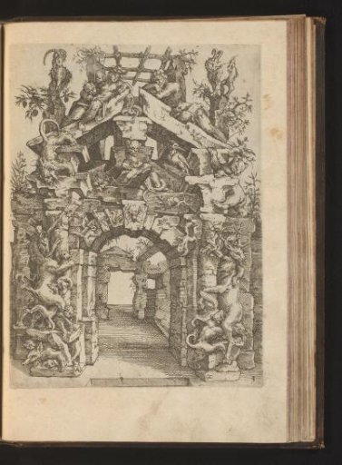 Ruin of a gate with stags, dogs, lions, birds, squirrels, bats, bears, reptiles, goats, and on the pediment a man and woman with children