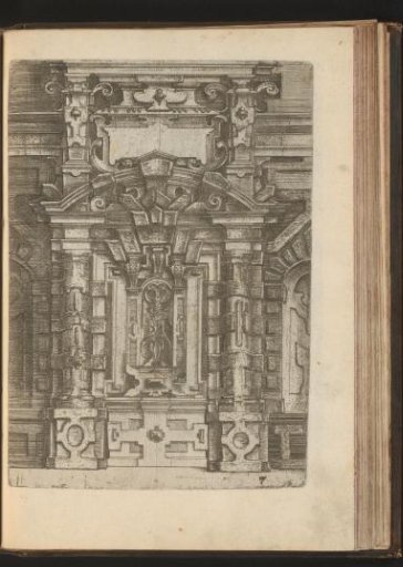 Panelled wall with gate-shaped wall decoration and pilasters with rustication, decoration of scrollwork, a mask and a cartouche