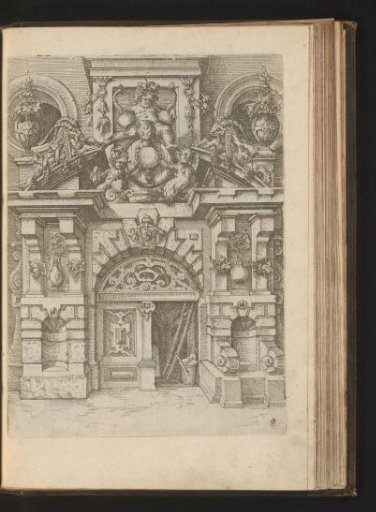Portal of a wine cellar with satyrs, goats and grapes at a wine cask and goblet between broken pediments