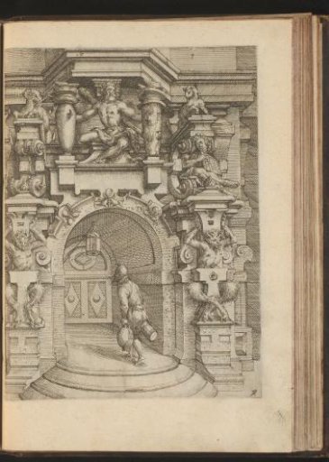 Man at the portal of a wine cellar with ornaments of satyrs, sheep, Polyphemus and a man with a panpipe