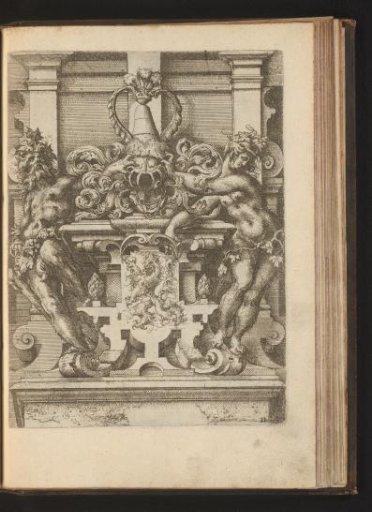 Pedestal with a coat of arms flanked by a man and woman dressed in leafy garlands