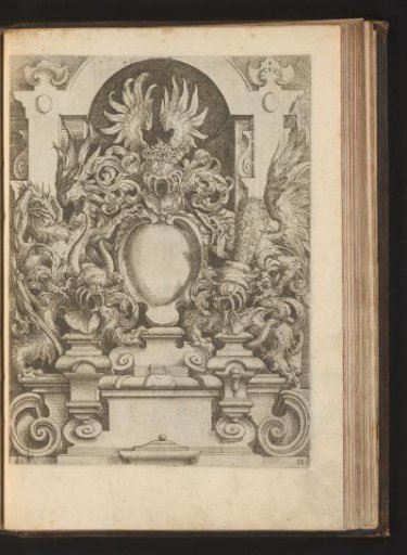 Cartouche on a pedestal flanked by two large birds of prey