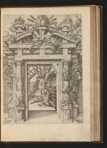 Wooden portal with pinecones, birds and branches, and inside lies a man