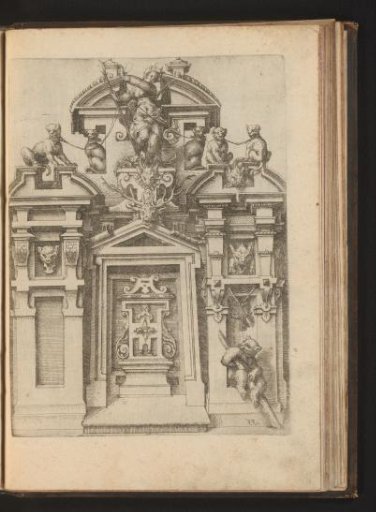 Wall Decoration with a Niche Containing Bear, Stag, and Boar Heads, and Above, Diana with Five Leashed Dogs