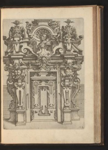 Portal-shaped wall decoration with herms, mascarons, and a bust at the top