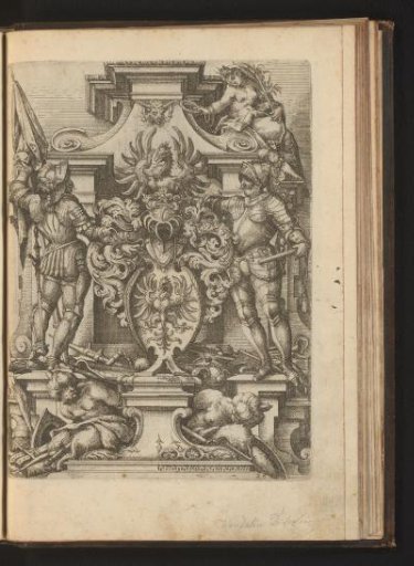 Coat of arms on a pedestal flanked by two soldiers and the personification of Victory (Victoria), with bound satyrs wearing turbans at the bottom