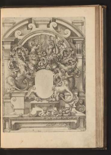 Cartouche on a pedestal flanked by lions and a unicorn
