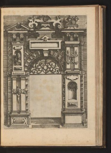 Portal with various ornaments, niches, and mascarons on the left and right