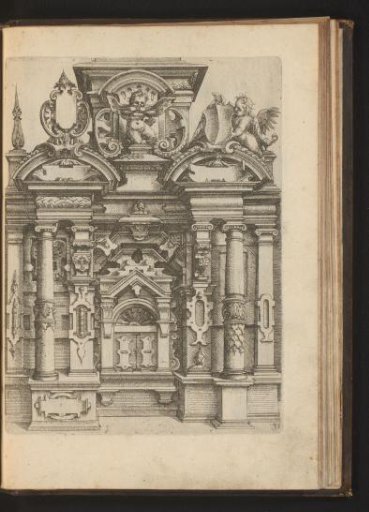 Portal with various ornaments, cartouches, a putto, and Cupid with his arrow and bow drawn on the left and right