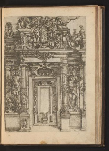 Portal with niches containing statues of Diana and Venus, and above a coat of arms and armor