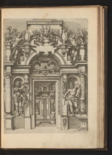 Portal with niches containing statues of Mars and Hercules, and above a coat of arms with Diana and a city patron