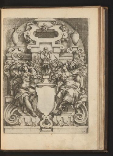 Cartouche flanked by two women, a unicorn, and a swan
