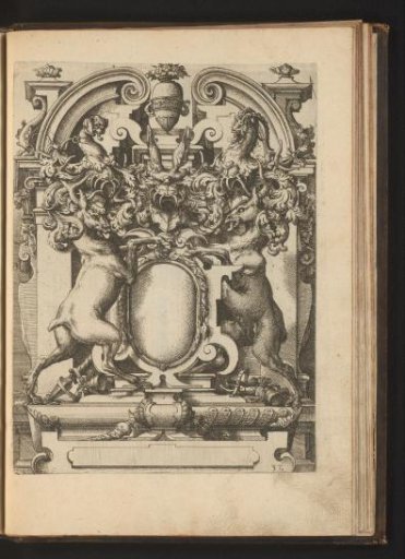 Cartouche flanked by two stags, leafy branches, and a helmet with animal ears