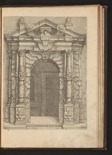 Portal decorated with scrollwork and rustication