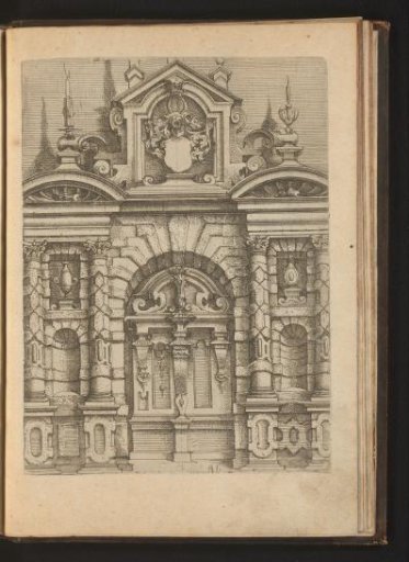 Portal decorated with rustication, crowns, and a coat of arms