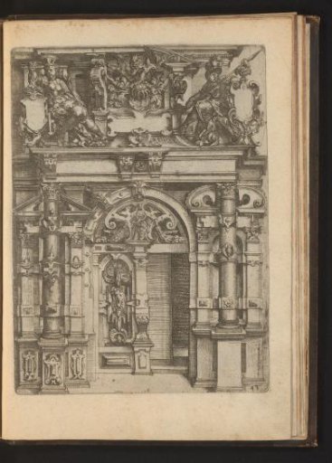 Portal decorated with mascarons and garlands, topped by two women with cartouches