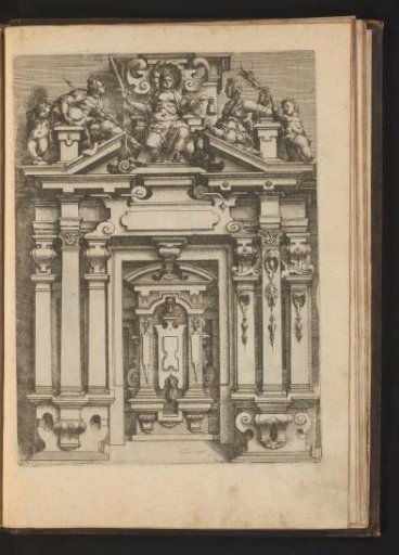 Portal with a niche and, on the broken pediment, the personification of Justice (Justitia) flanked by two women and putti