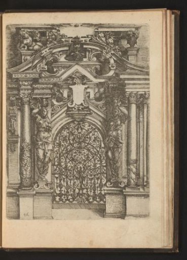 Portal with iron railing flanked by caryatids