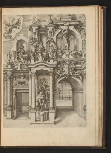 Portal with an equestrian statue and, on top, Minerva with five musical women