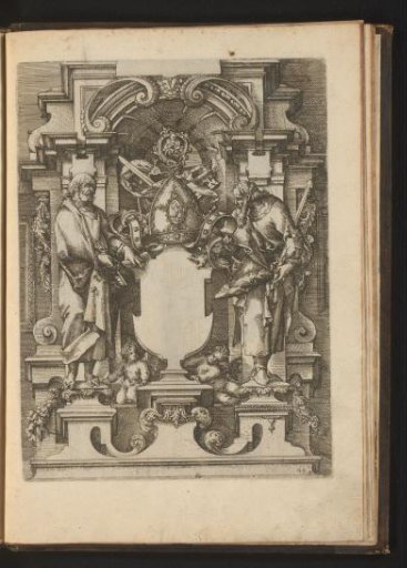 Niche with an empty cartouche flanked by the apostles Peter and Paul