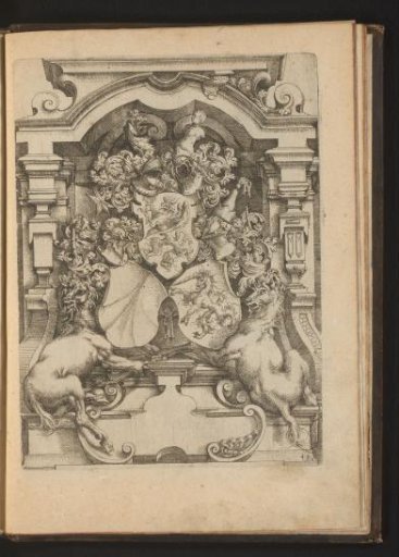 Niche with three coats of arms flanked by unicorns and decorated helmets