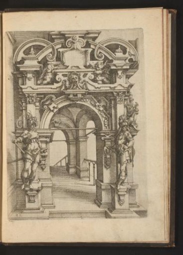 Portal decorated with putti and flanked by two soldiers