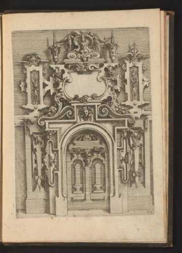 Portal decorated with mascarons, grotesques, a cartouche and scrollwork