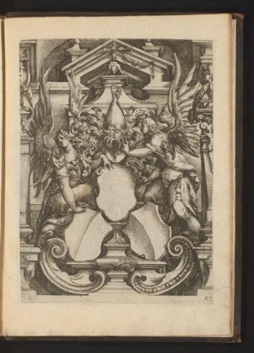Three coats of arms between two angels