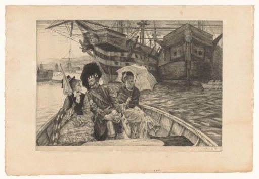 Soldier seated between two women in a boat, with two ships in the background