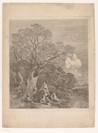 Landscape with a group of travelers under a large tree along a forest path