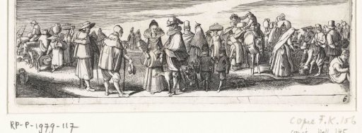 Elegant couple and two pilgrims in the foreground