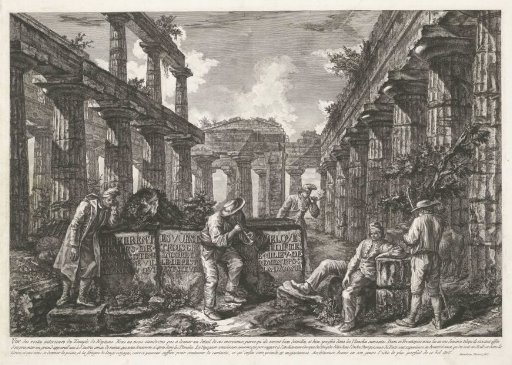 Title page with remains of the Temple of Neptune at Paestum with title on blocks