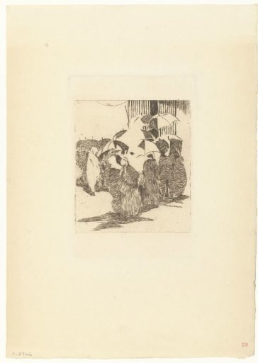 Row of people in front of a butcher's shop