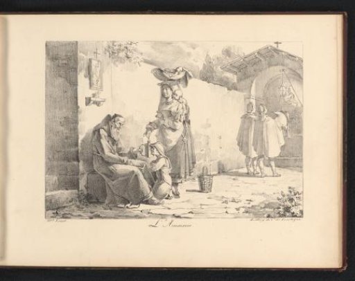 Woman and Children Giving Alms to a Monk