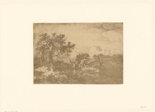 Hilly landscape with trees and a windmill around a pool near Deopham