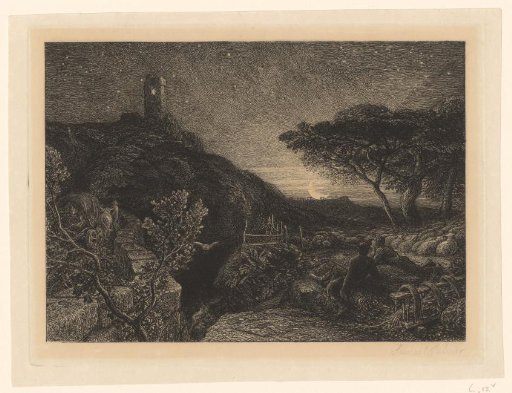 Landscape by moonlight with two men looking at a tower