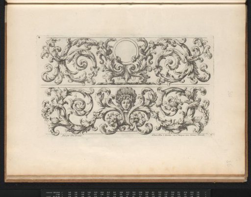 Two friezes with curled leaf motifs and a mask