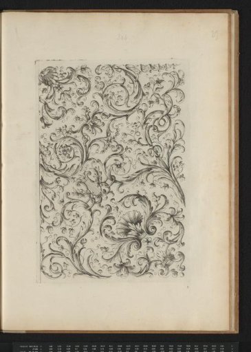 Marquetry with a lyre, shell, and acanthus scrolls