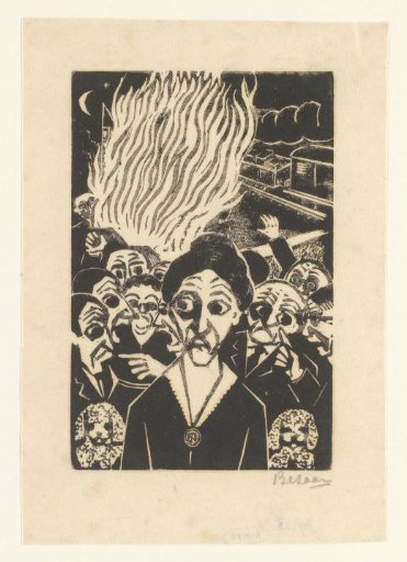 Woman with Two Dogs in Front of a Crowd, with Fire and a Train Behind