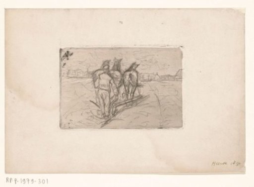 Three ploughing horses and a farmer in Heerde