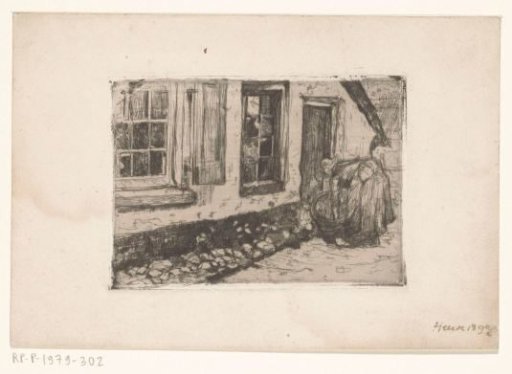 Woman with a wash tub in front of a house in Heerde
